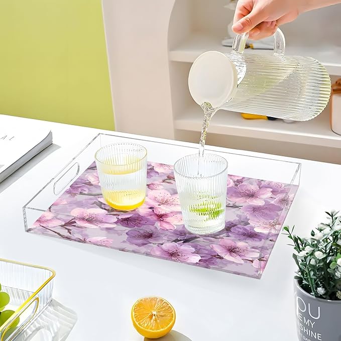 Serving Tray with Handles Clear Acrylic Tray 12x16 Inch Decorative Rectangular Tray Organizer for Ottoman Coffee Table Bathroom Pink and Purple Cherry Blossom
