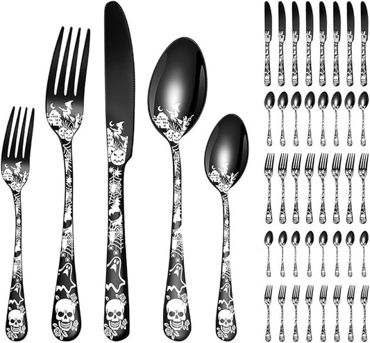 XIAOYU 40-Piece Halloween Themed Skeleton Silverware Set, Metal Flatware Set Serving for 8, Gothic Unique Skeleton Pattern Design, Durable Cutlery Set for Halloween Easter Christmas, Black