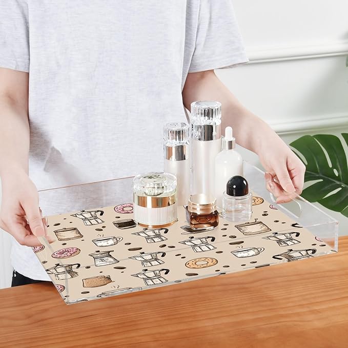 Serving Tray with Handles Clear Acrylic Tray 12x16 Inch Decorative Rectangular Tray Organizer for Ottoman Coffee Table Bathroom Beige Donut Coffee Cups and Moka Pots