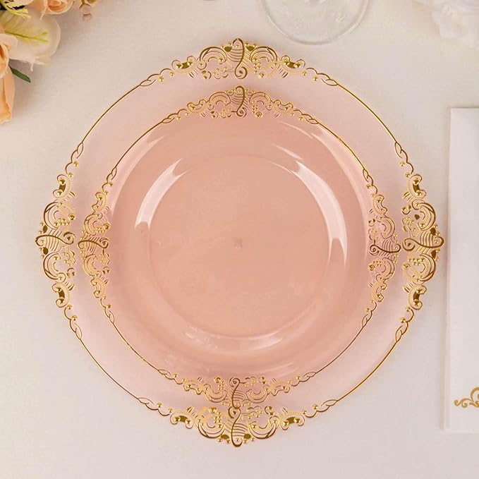 8" Salad Plates -Set of 20 - Plastic Transparent Blush Round Baroque Disposable Chargers Leaf Embossed Rim, Ideal for Dinner Party Wedding Bulk Events