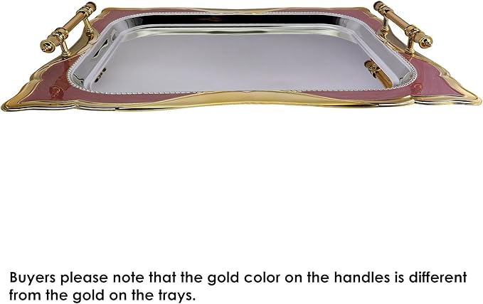 (Pack of 2) 20.1 inch x 15.4 inch Rectangular Floral Shape Decorative Style Chrome Plated Silver Serving Tray with Handles Floral Engraved Iron Gold Red Edge Party Platter TTL-024