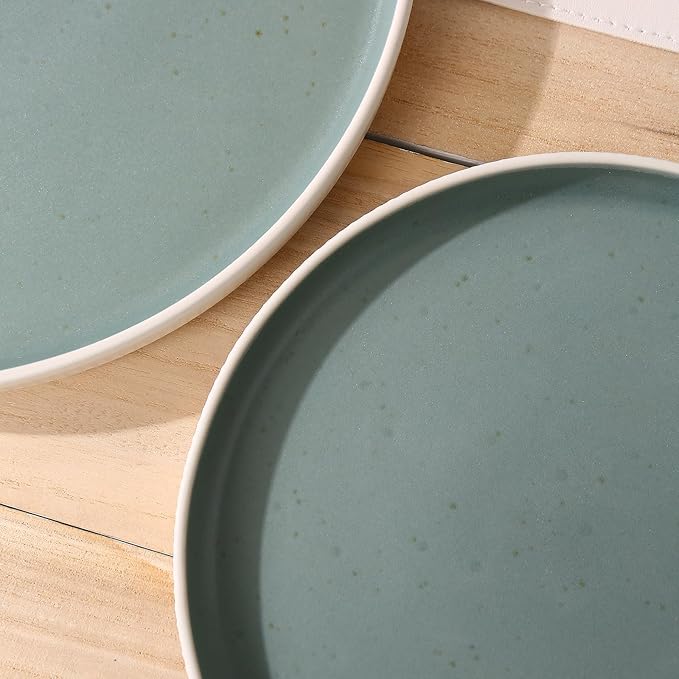 MONITO Ceramic Dinnerware Sets for 4, 18PCS Stoneware Plates and Bowls Sets, Reactive Glaze Dish Set, Chip and Scratch Resistant Double, Microwave and Dishwasher Safe, White Cyan