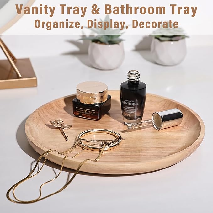 9.5" Round Wooden Serving Tray, Small Round Wooden Serving Platter for Bread, Fruit, Dessert, Various Food Storage and Display, Wood Try Organizer for Home Kitchen Countertop