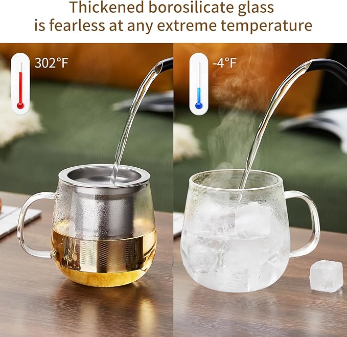 Glass Tea Cup with Infuser and Lid, 14.5oz/450ml Large Borosilicate Glass Teacup with Stailess Steel Filter, Clear Mug for Loose Leaf Blooming Tea, Dishwasher Safe - Tea Maker Gift.