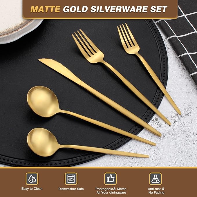 20 Pieces Silverware Set，Matte Gold Stainless Steel Flatware Cutlery Set Service for 4, Stain Finish Kitchen Utensil Set，Include Dinner Knives Forks and Spoons Silverware, Dishwasher Safe