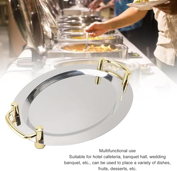 Stainless Steel Serving Tray, Silver Tray with Handles Mirror Polished Dinner Dessert Plate for Home Kitchen Restaurant Hotel Buffet (Rectangle Shape with Gold Handle, 39cm)