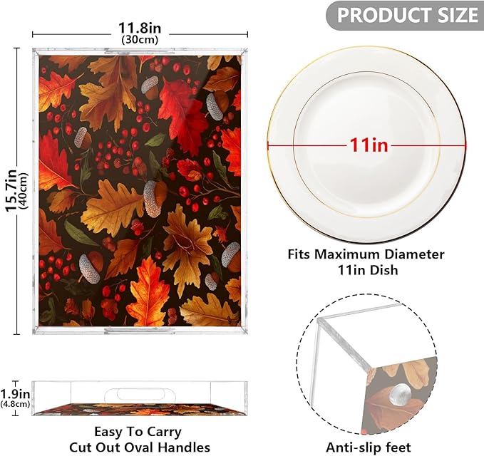 Serving Tray with Handles Clear Acrylic Tray 12x16 Inch Decorative Rectangular Tray Organizer for Ottoman Coffee Table Bathroom Autumn Maple Leaves Acorns Berries