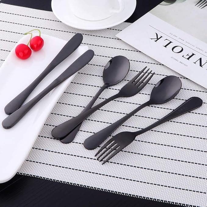 Flatware Silverware sets, 6pcs 18/8 Stainless Steel Cutlery Serving for 2, BPA-free Children Self-feeding Safe Kitchen Utensils, Mirror Polished (Black)