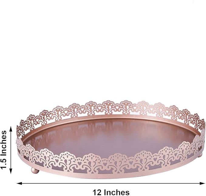 Plastic Round Premium Decorative Serving Tray with Embellished Rims - Rose Gold