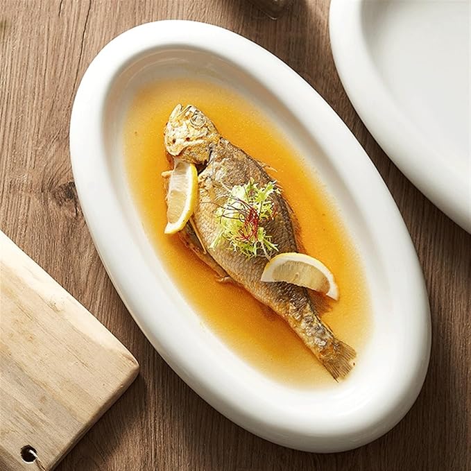 SONGCHAO Party Supplies White Oval Ceramic Dinner Plate Steamed Fish Plate Sushi Plate Salad Plate Home Dessert Plate Appetizer Plate Party Plates (Size : 12inch)