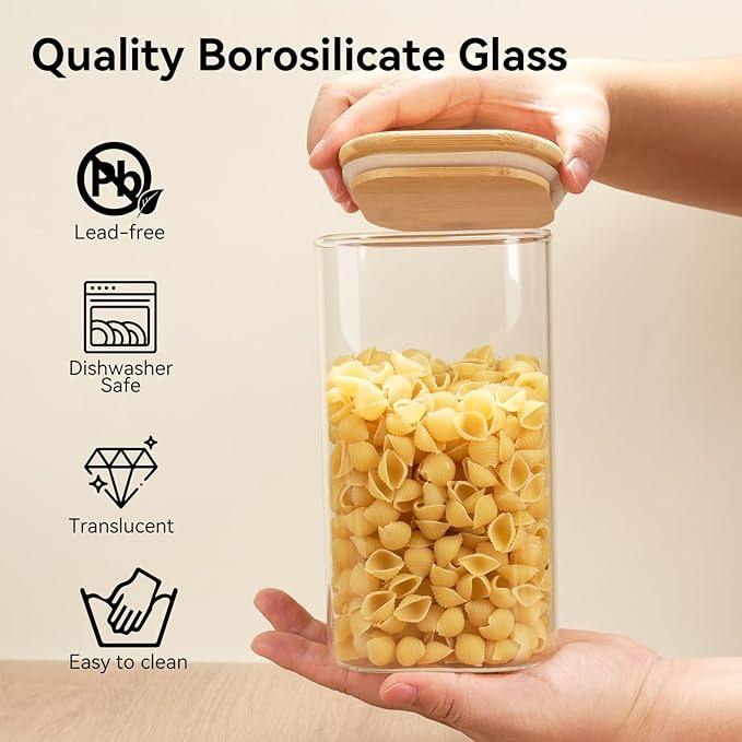 82 Oz Glass Storage Containers with Bamboo Lids, Square Glass Canister Sets Clear Glass Pantry Storage Containers with Lids for Cookie Flour Oat Pasta Tea Coffee Bean, Set of 3