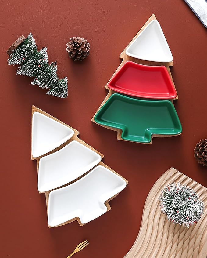 Colorful 10.8 Inches Colorful Snack Appetizer Trays Sets, Christmas Tree Dessert Serving Dishes, Snack Platter, 3 pcs Removable Porcelain Plates with Bamboo Tree Tray