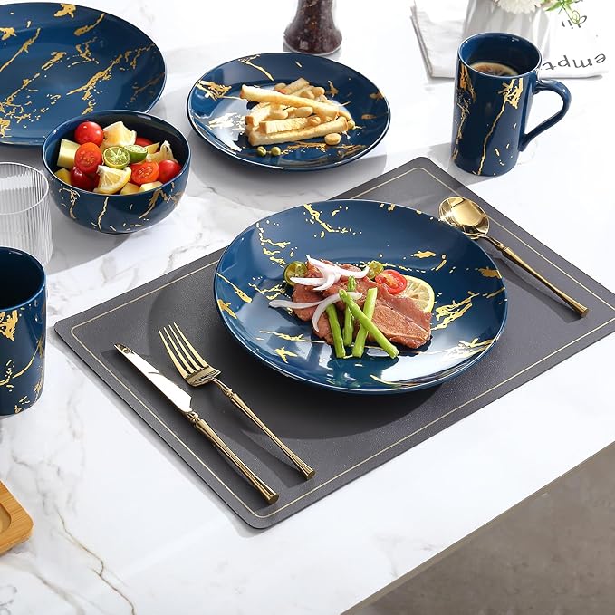 Modern Porcelain 16 Piece Blue Dinnerware Set,Plates and Bowls Sets,Gold Dish Set for 4,Blue Dinnerware Set,Dinner Sets with Dinner Plates.