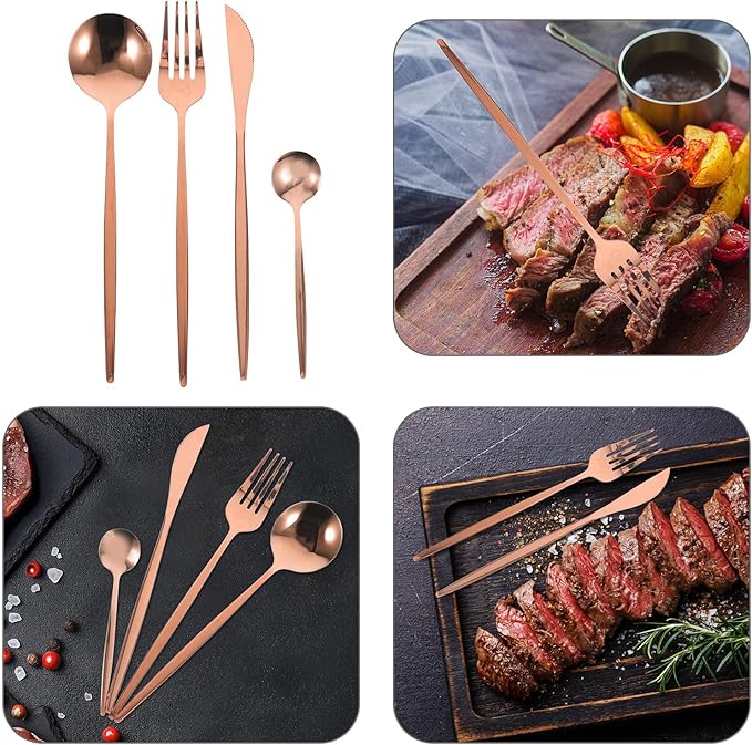 Zerodeko 24pcs Stainless Steel Flatware Set Rose Gold Plated Steak Fork Spoon Cutter Tea Spoon Black Box Serving Utensil Set for Parties and Western Dinnerware