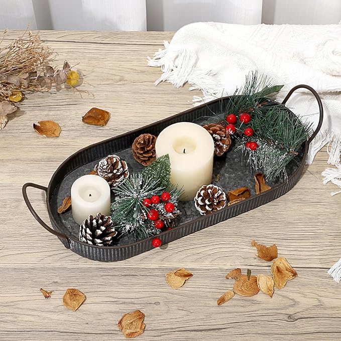 Hipiwe Oval Galvanized Metal Iron Tray with Handle, Industrial Style Storage Serving Tray Farmhouse Rustic Decorative Coffee Table Centerpiece for Home Decor