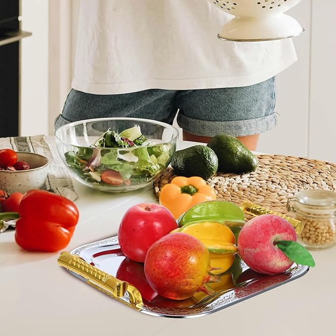 European Style Stainless Steel Serving Tray with Handle, Metal Snack and Fruit Plate for Food Presentation, Sturdy Tea and Beverage Tray for Home and Party Use