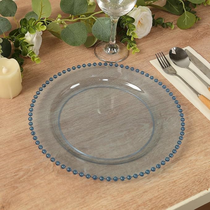 8" Salad Plates - Set of 20 - Plastic Transparent Dusty Blue Round Disposable Dessert Appetizer Plate Beaded Rim, Ideal for Dinner Party Wedding Bulk Events