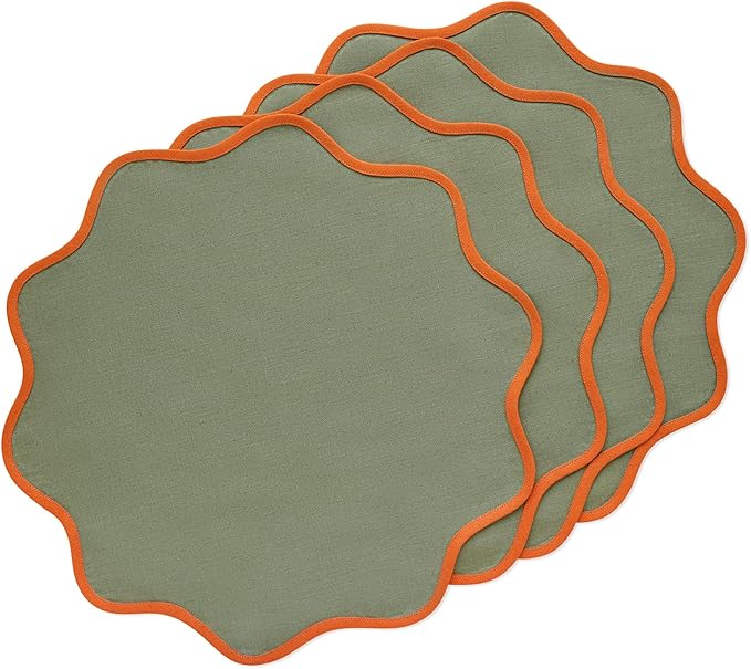 Solino Home Linen Placemats Set of 4-100% Pure Linen Persimmon Orange and Oil Green Round Cloth Placemats 16 Inch for Christmas - Giselle Scallop Edge, Handcrafted and Machine Washable