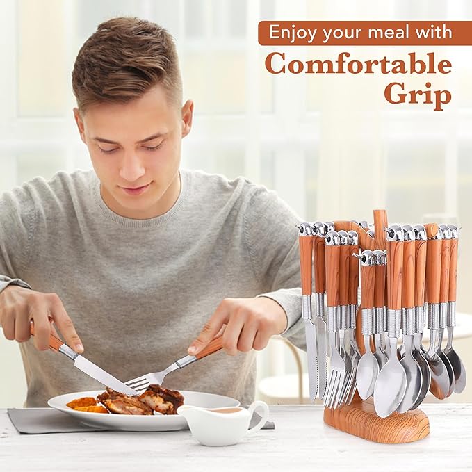 24 Pcs Stainless Steel Cutlery Set with Cutlery Rack, Eating Tableware Set Service for 6, Durable Flatware Set for 6 Includes Knifes, Forks & Spoons for Kitchen and Home