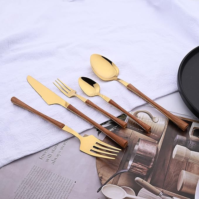 20 Piece Stainless Steel Cutlery Flatware Set, Mirror Polished Silverware Set with Wood Grain Handle, Kitchen Utensil Sets for 4, Tableware With Knife Spoons And Forks Set (Brown Gold)