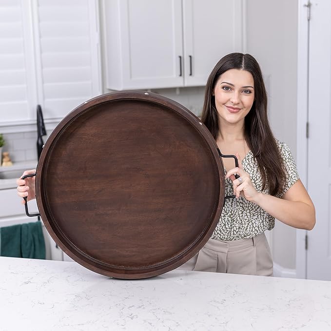 24" Extra Large Round Ottoman Tray, Heavy Duty Mango Wood, for Serving Tea, Breakfast in Bed, Living Room Large Coffee Table Tray Rustic with Farmhouse Style, Decorative Handles and Accent Strap