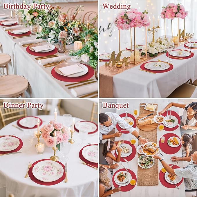SHACOS 100 pcs Christmas Disposable Round Paper Placemats 13 inch Colored Paper Decorative Place Mats for Wedding Birthday Party Events Table Decoration, Dark Red