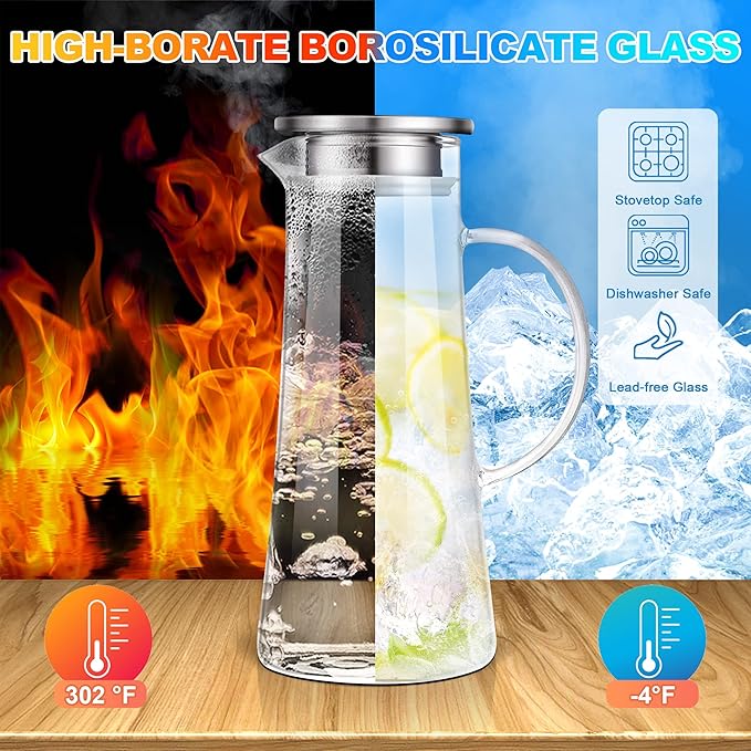 SUSTEAS 1.5 Liter 51oz Glass Pitcher with Lid, Easy Clean Heat Resistant Glass Water Carafe with Handle for Hot/Cold Beverages - Water, Cold Brew, Iced Tea & Juice, With 1 Long-Handled Brush Included