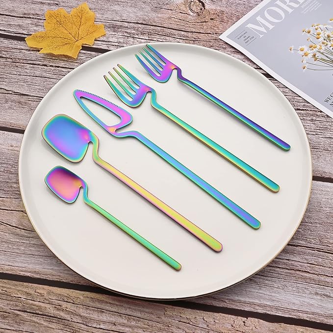 JASHII 28-Piece Rainbow Silverware Flatware Set for 4, 304 Stainless Steel Colorful Eating Utensils Cutlery, Tableware for Home Restaurant Party - Hanging Cup - Dishwasher Safe