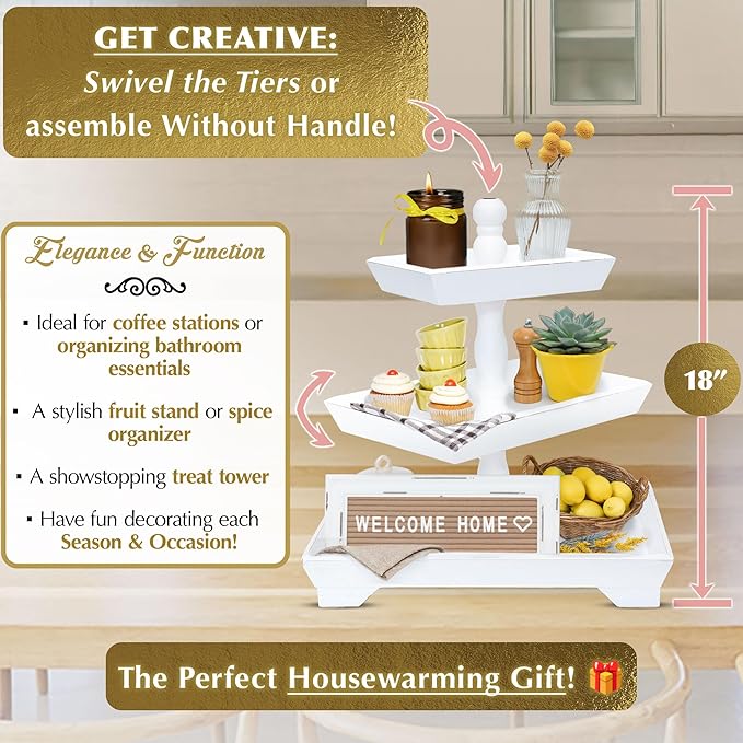 [3 in 1] 3 Tier Serving Tray - Gorgeous Coffee Table Tray (Includes 3 Handles) - Can Assemble into a 1, 2 or 3 Tier Serving Stands - Rectangle Wooden Kitchen Table Centerpiece Felt Creative Home Goods