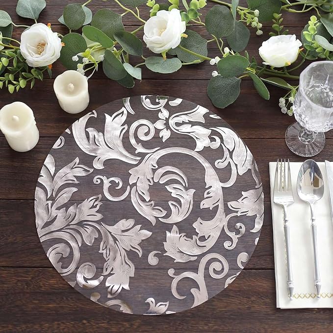 20 Pack 13" Silver Sheer Organza Placemats - Round Floral Foil Design Disposable Elegant Perfect for Parties and Events