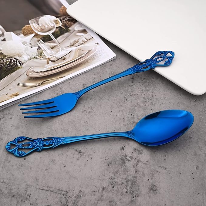8-Piece Luxury Royal Silverware Set, 18/10 Stainless Steel Blue Flatware Set Service for 2, Tableware Cutlery Set Includes Forks Spoons Knives, Modern Design & Mirror Polished - Dishwasher Safe