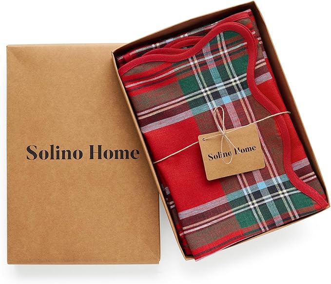 Solino Home Scallop Linen Napkins Set of 4-100% Pure Linen Red Madras Holiday Plaid Dinner Napkins Cloth 20 x 20 Inch for Christmas, New Year - Giselle Scallop Edge, Handcrafted and Machine Washable