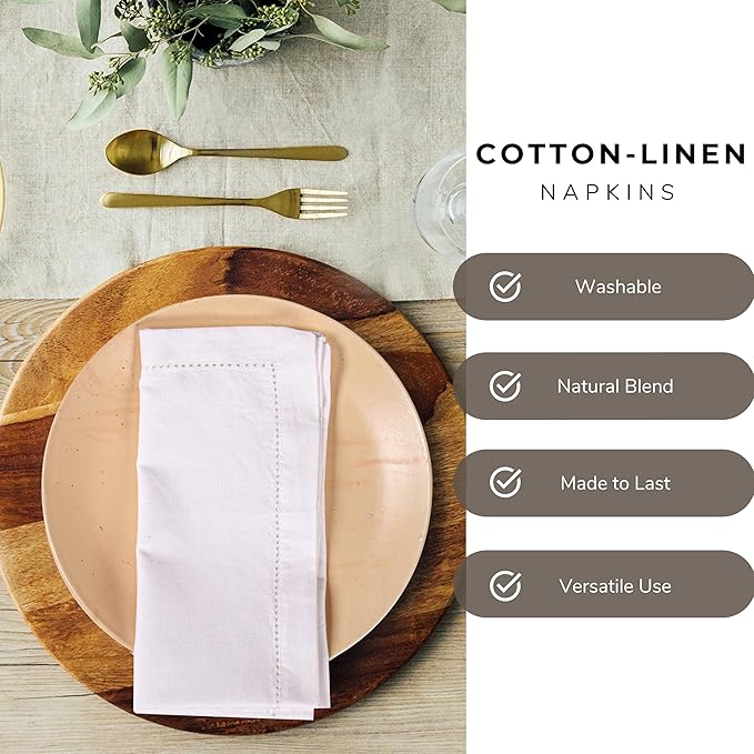 Ramanta Home White Coth Dinner Napkin Set of 12 Premium Cotton 18X18 Inch Linen Flax Hemstitched Soft & Durable Washable Ideal for Everyday Use Parties Thanksgiving Christmas Halloween