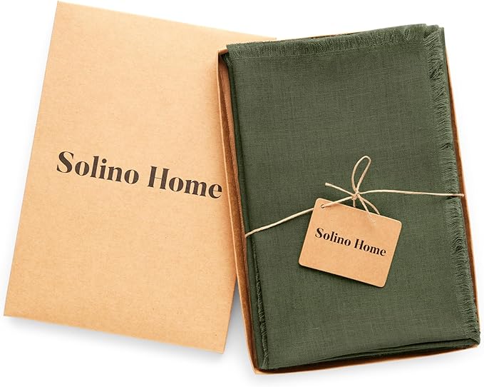 Solino Home Fringe Linen Cloth Napkins Set of 4-100% Pure Linen Desert Green Dinner Napkins 20 x 20 Inch for Christmas, Winter, New Year - Handcrafted and Machine Washable
