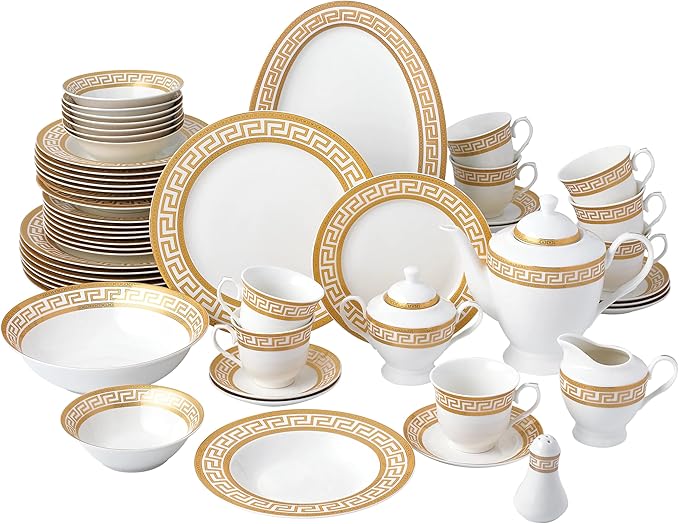 G1347-57G, 57-PCs Bone China Porcelain Dinnerware Set, Antique Greek Designed Tableware Set, Dining Table Setting for 8, Set of 57