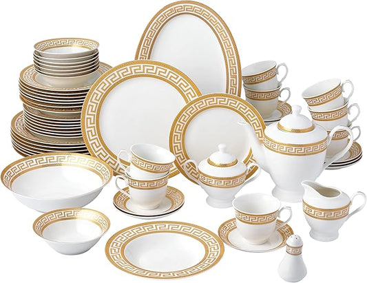 G1347-57G, 57-PCs Bone China Porcelain Dinnerware Set, Antique Greek Designed Tableware Set, Dining Table Setting for 8, Set of 57