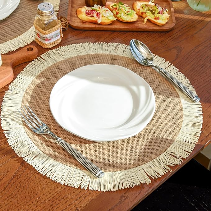 Round Burlap Placemats Set of 12 Jute Rustic Place Mats for Dining Tables Heat Resistant Natural Farmhouse Table Mats Decor for Thanksgiving (Sun Flower)