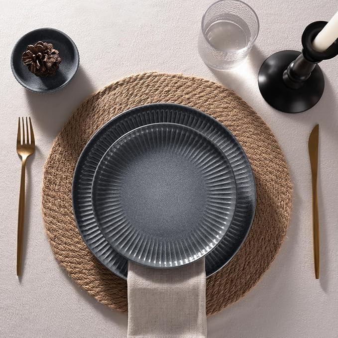Famiware Starlight Plates and Bowls Dishes Set of 8 (24 Pieces), Ribbed Textured Stoneware Dinnerware Sets- Dishwasher & Microwave Safe, Chip Resistant, Matte Midnight Grey