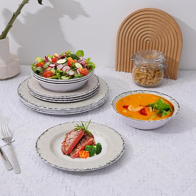 Melamine Dinnerware Set for 4, 12-Piece Rusty Gray – BPA-Free, Dishwasher-Safe Plates & Bowls for Indoor Outdoor Dining, Portable and Reusable