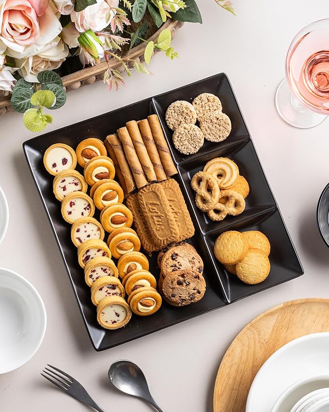 LAUCHUH Divided Serving Platters, 11 x 11 inch Porcelain Chip & Dip Serving Set Dinner Serving Tray 4 -Compartment Serving Dishes for Christmas, Candy, Nuts,Veggies, Snacks and Sauce, Black