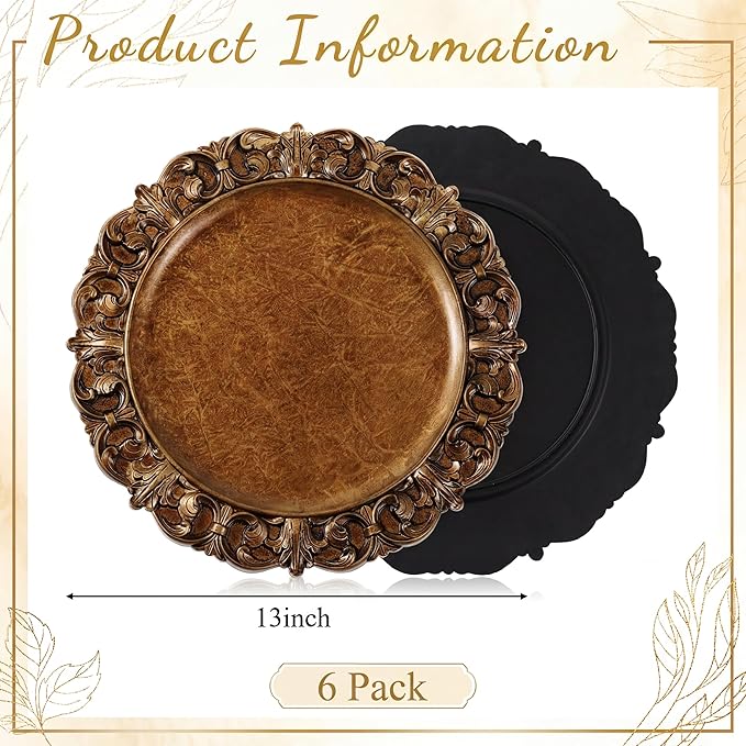 6 Pcs Antique Gold Charger Plates Bulk 13 Inch Embossed Rim Plastic Round Decorative Vintage Plates Charger for Dinner Wedding Party Event Table Setting Decoration (Vintage)