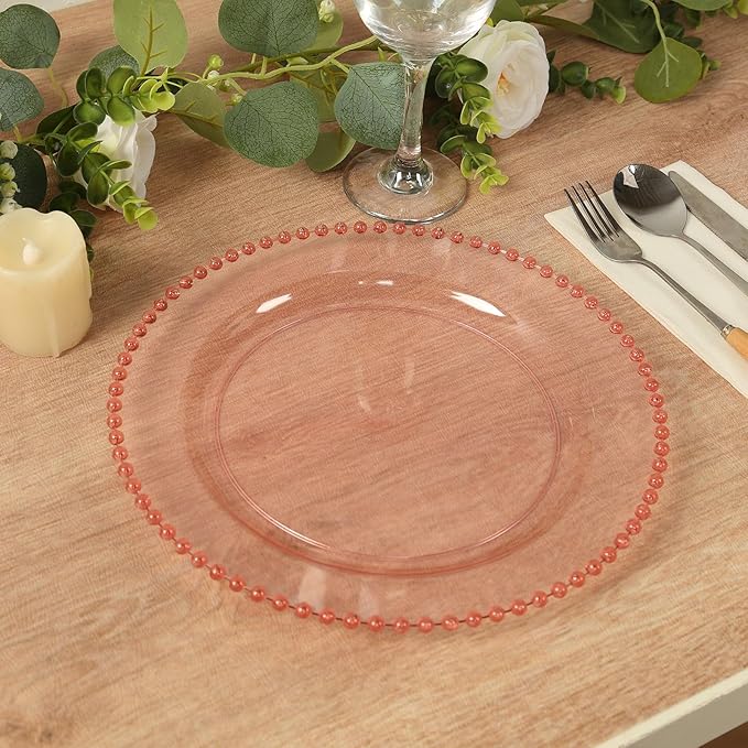 Efavormart 10 Pack Transparent Blush Plastic Dinner Plates with Beaded Rim, Round Disposable Party Plates - 10"