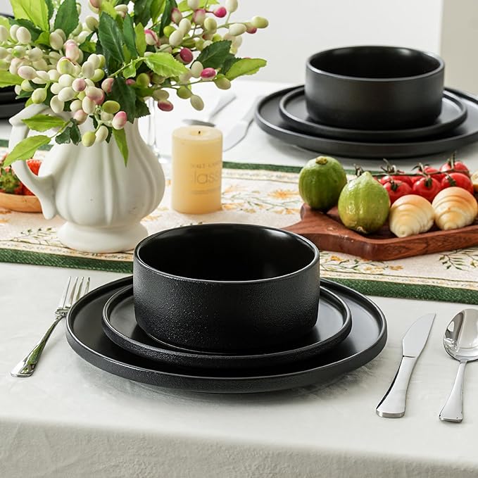 Plates and Bowls Sets, 6 Piece Ceramic Dinnerware Set for Family and Gatherings, Dishes Set for 2, Dishwasher & Microwave Safe, Handcrafted Stoneware Sets, Modern Black