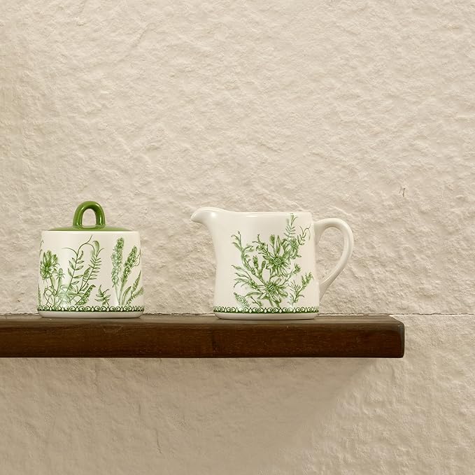 Bico Green Garden Toile De Jouy Ceramic Sugar and Creamer Set, Sugar Bowl with Lid, Cute Container for Coffee Bar, Kitchen Countertop Accessories, Microwave and Dishwasher Safe