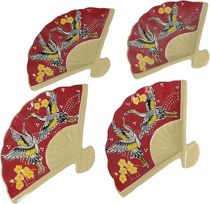 Ebros Pack Of 4 Colorful Oriental Folding Fan Shaped Appetizer Sushi Dessert Serving Dish Plates Decorative Artistic Dinner Lunch Serveware Plate Set (Red Flying Cranes With Cherry Blossoms)