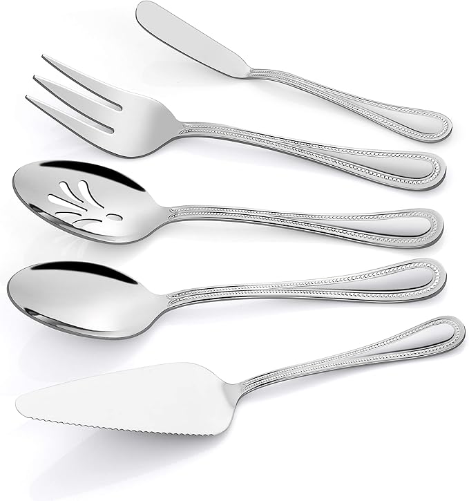 HaWare Serving Utensils, 5 Pieces Stainless Steel Silverware Set, Pearled Edge Hostess Flatware for Buffet Party Kitchen Restaurant, Mirror Finished & Dishwasher Safe