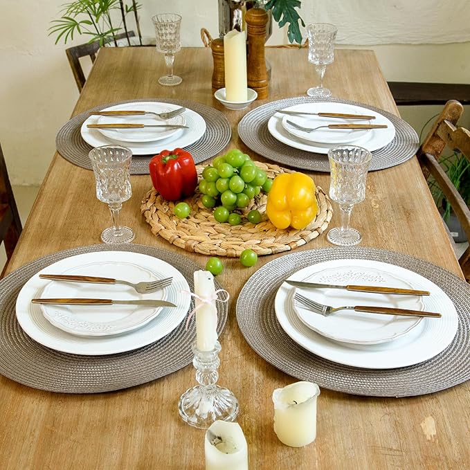 FunWheat Round Braided Placemats Set of 8 Table Mats for Dining Tables Woven Washable Non-Slip Place mats 15 inch(Taupe, 8pcs)
