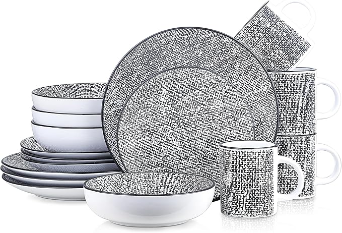 Stone Lain Sophie Rustic Stoneware Dinnerware Service for 4, Black and White Textured, 16 Pieces