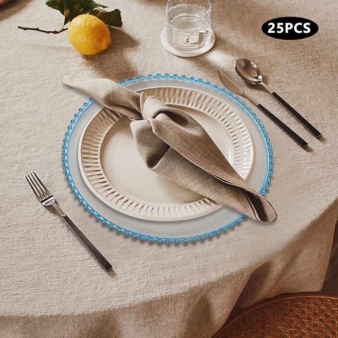 25 Pcs Beaded Rim Charger Plate Bulk Service Plate for Parties Clear Round Chargers for Dinner Plates Wedding Décor Placemats,13 Inch (25pcs-Blue)