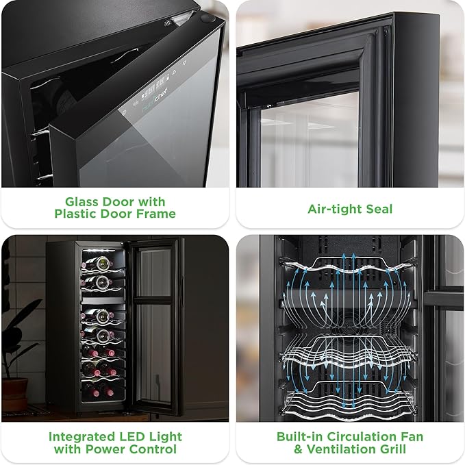 Nutrichef 18 Bottle Wine Fridge - Dual Zone Wine Chiller, Adjustable Temperature 41°F to 64°F, Ultra Quiet Operation, Free Standing Wine Cooler For Home, & Office, 32 x 11 x 26 IN (Black)